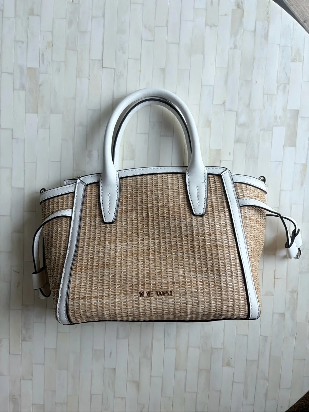 Nine West Beige Woven Satchel with White Trim